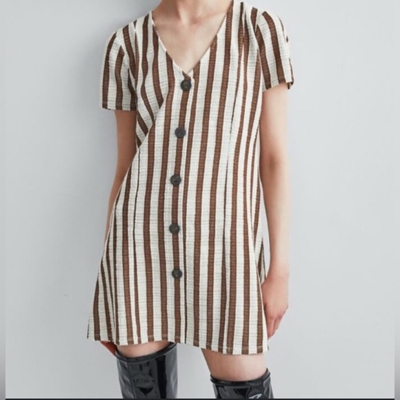 Zara Trafaluc Brown and White Striped Mini Dress - Picture 1 of 8